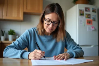 Femme d'âge moyen remplissant une demande de carte Vitale à la maison