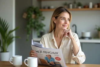 Femme pensante lisant une revue médicale dans une cuisine lumineuse
