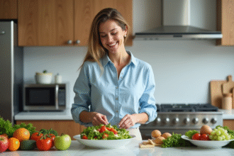 Femme souriante préparant une salade colorée dans une cuisine moderne