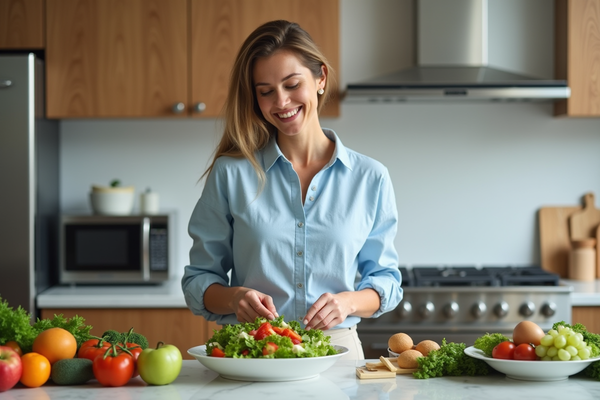 Femme souriante préparant une salade colorée dans une cuisine moderne