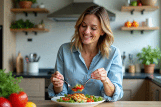 Femme dégustant une salade colorée dans une cuisine moderne