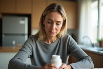 Femme sceptique lisant l'étiquette d'un complément alimentaire Lumilean à la cuisine, expression dubitative