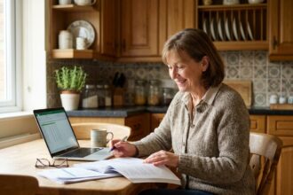 Femme senior souriante à la maison avec ordinateur et papiers