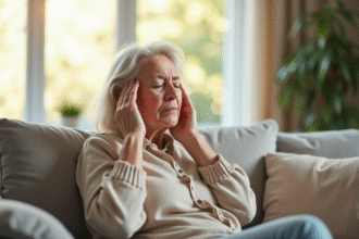 Femme senior assise sur un sofa lumineux en détresse