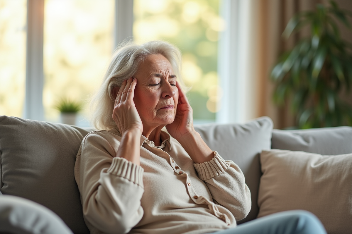 Femme senior assise sur un sofa lumineux en détresse