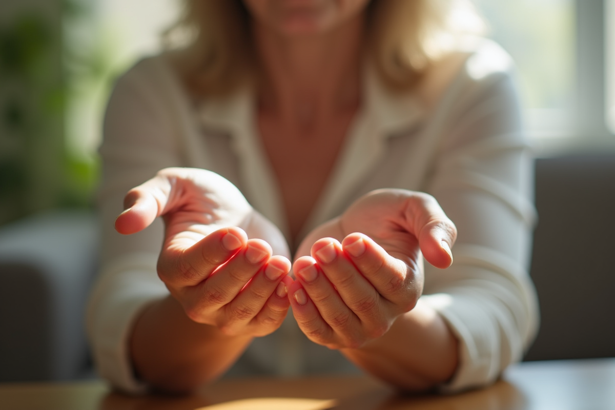 Femme senior montrant ses mains avec des piqures de chenille