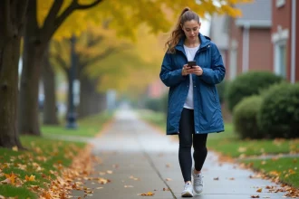 Femme en balade vérifiant son smartphone dans un quartier résidentiel