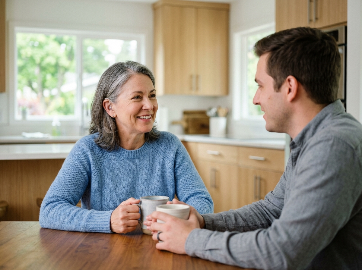 Femme d'âge moyen avec aides auditives dans une cuisine lumineuse