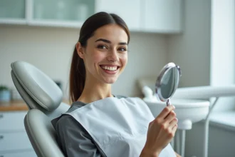 Femme souriante dans un fauteuil dentaire moderne tenant un miroir pour inspecter ses dents après un traitement esthétique The Smilist