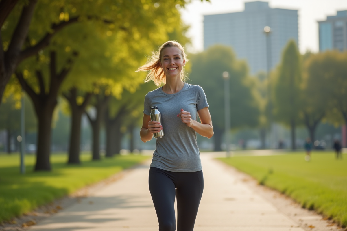 Femme sportive en ville après jogging dans un parc
