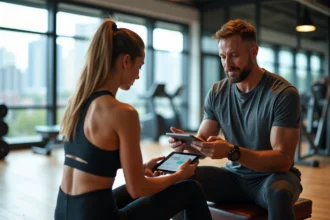 Jeune femme sportive avec entraîneur dans une salle de gym
