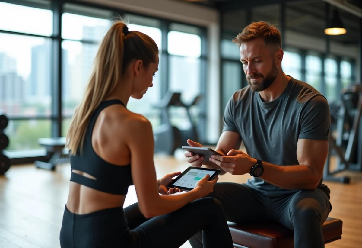 Jeune femme sportive avec entraîneur dans une salle de gym