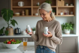 Femme lisant des compléments dans une cuisine moderne