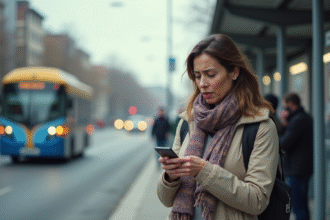 Femme à la halte de transport regardant son smartphone