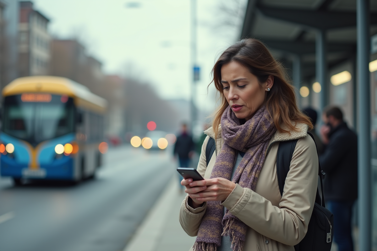 Femme à la halte de transport regardant son smartphone