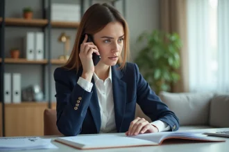 Femme au téléphone dans un bureau à domicile organisé