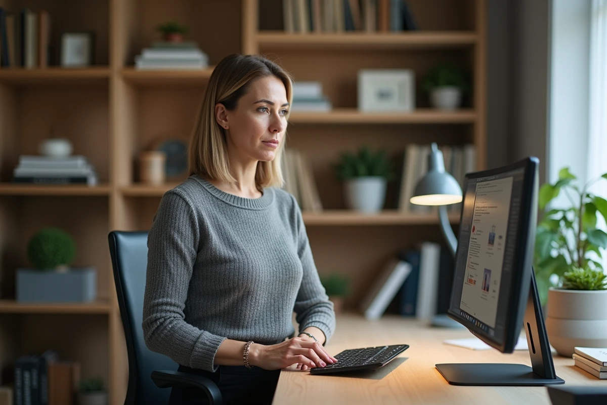 Femme ajustant sa chaise de bureau dans un espace de travail à domicile