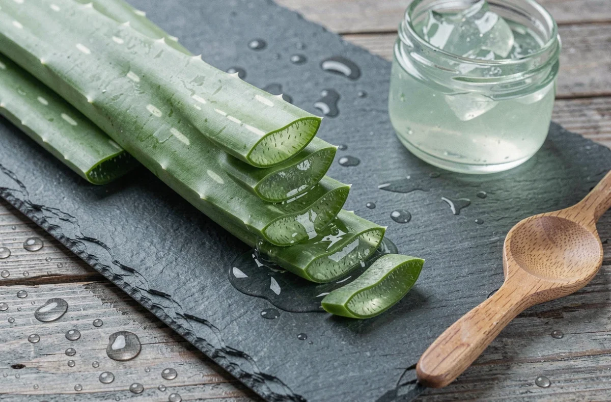 Feuilles d'aloe vera coupées avec gel transparent sur ardoise, préparation naturelle pour le transit intestinal