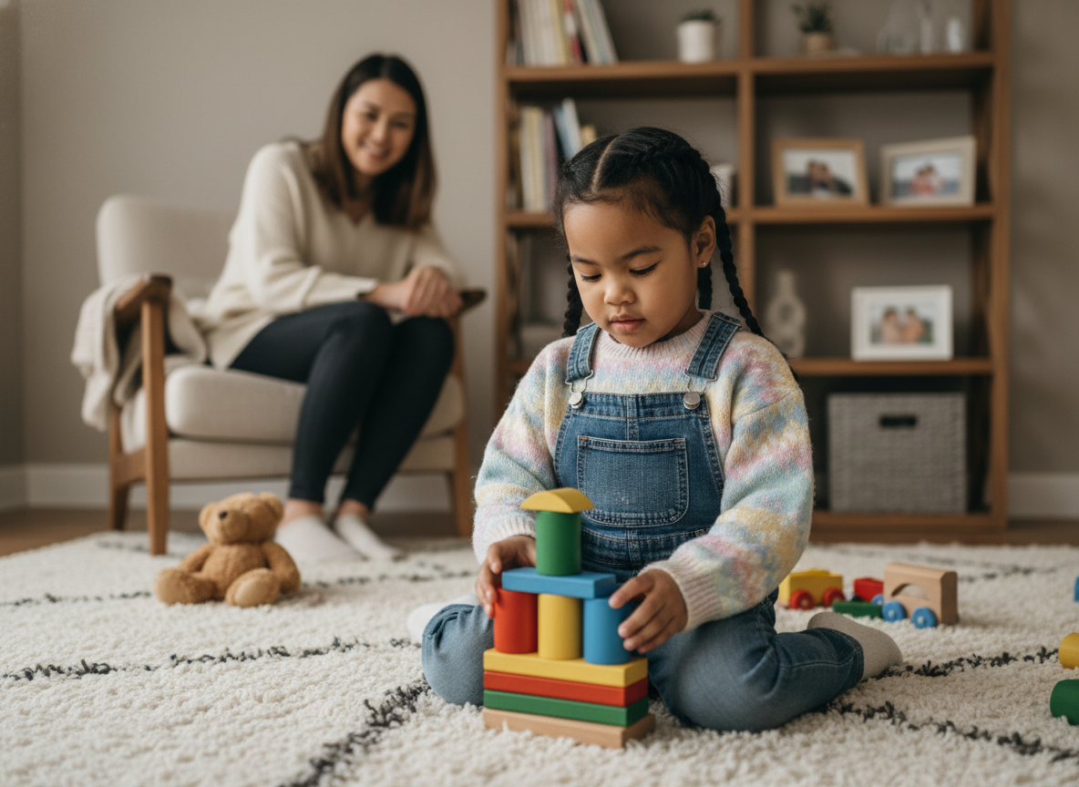 Fille de 4 ans jouant avec des blocs dans le salon