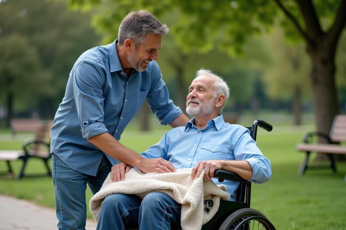 Fils aidant son père en fauteuil dans un parc