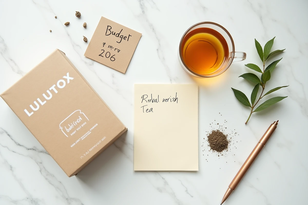 Mise en scène vue du dessus d'une cure Lulutox avec budget noté sur papier kraft et tasse de tisane