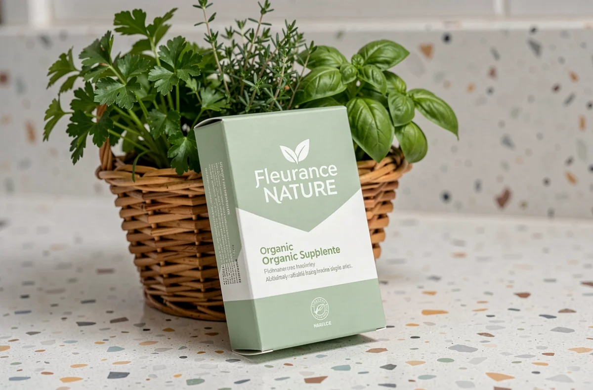 Boîte Fleurance Nature complément alimentaire bio en vert doux appuyée contre un panier en osier rempli de persil, thym et basilic frais sur terrazzo