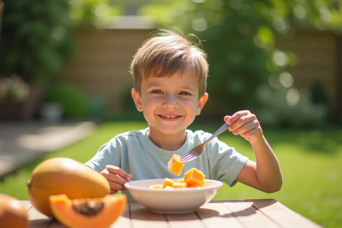 Garcon mangeant des cubes de mangue dans un jardin en plein air