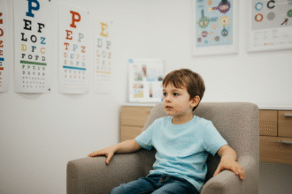 Jeune garçon de 6 ans dans un cabinet d'optométrie
