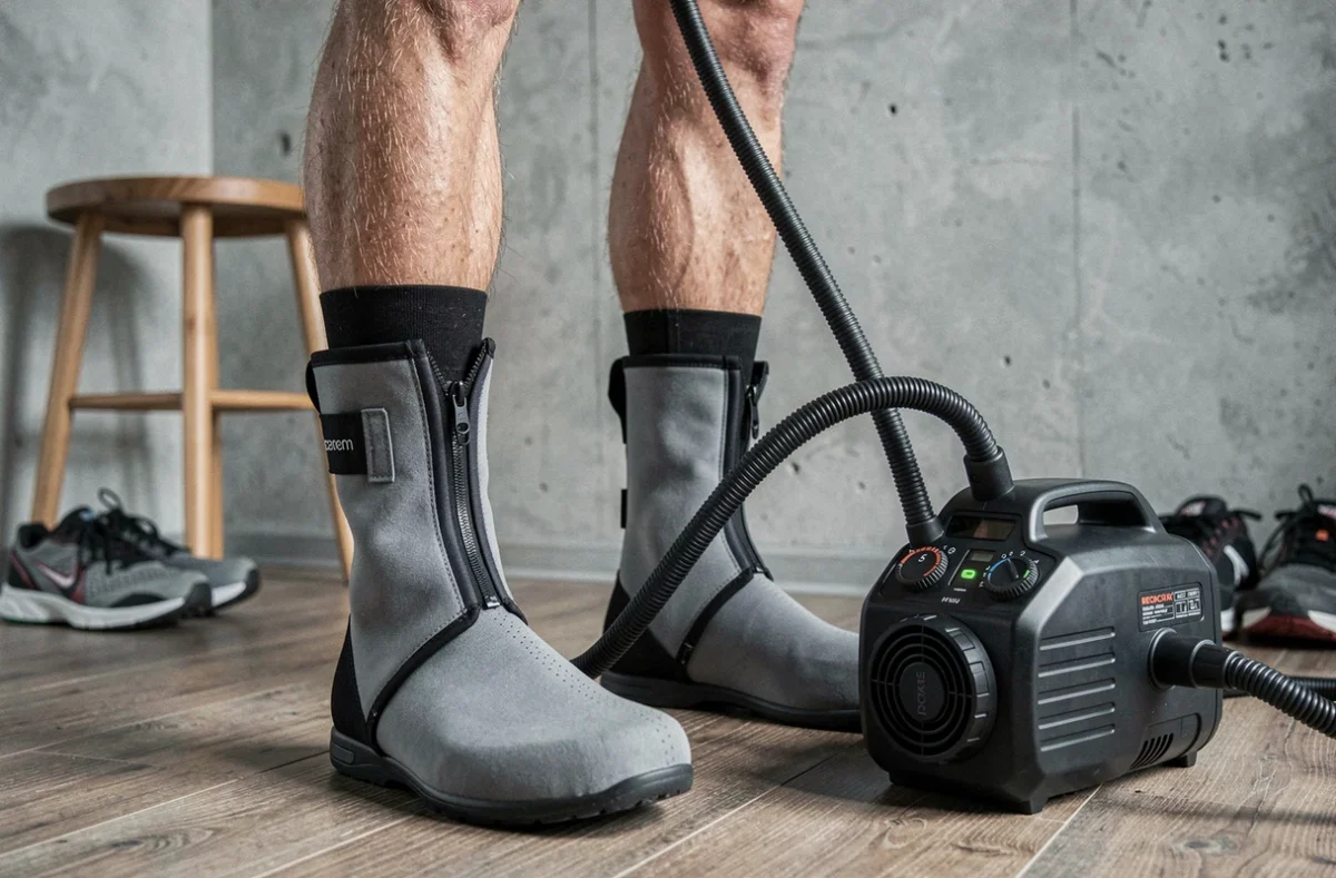 Gros plan sur des bottes de récupération pneumatiques connectées à une pompe électrique portable pour la compression des jambes