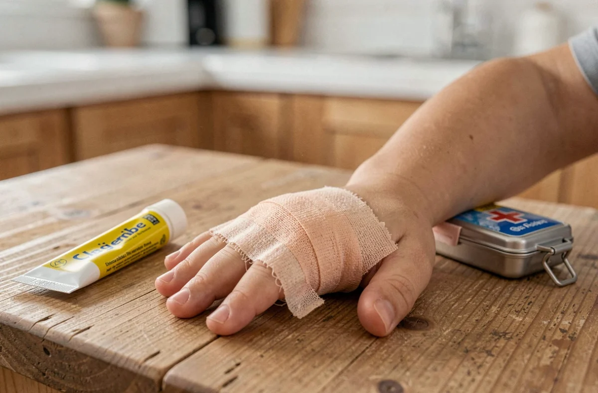Gros plan sur le doigt bandé d'un enfant posé sur une table en bois avec matériel de premiers secours pour soigner un ongle arraché