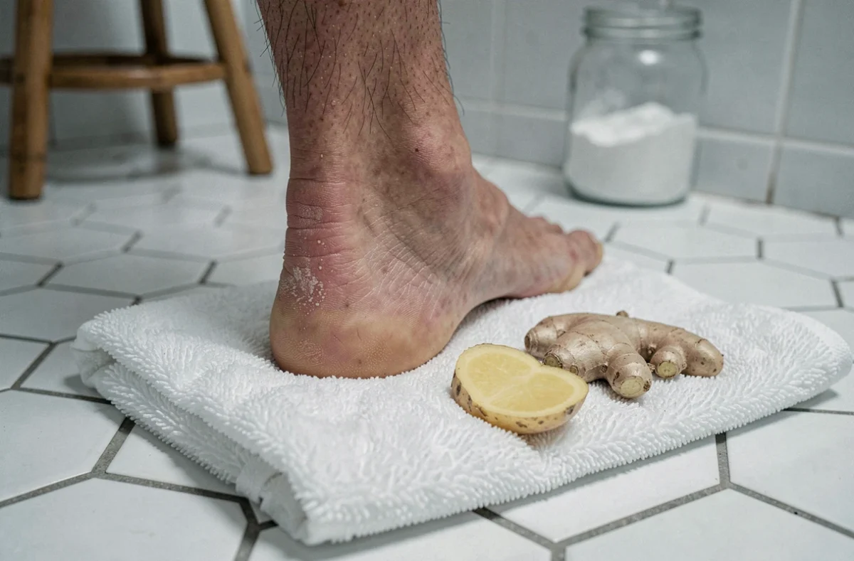 Gros plan d'un talon posé sur une serviette avec des remèdes naturels contre l'épine calcanéenne comme le gingembre et la pomme de terre crue