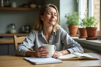 Femme en rémission de la maladie de Ménière tenant une tasse de tisane avec un carnet de protocole de santé sur une table en bois