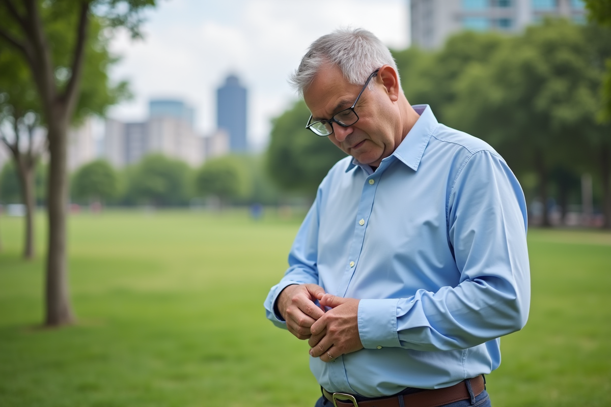 Homme appliquant une pression sur le genou dans un parc urbain