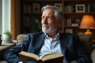 Homme âgé en costume dans un salon chaleureux