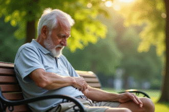 Homme age assis sur un banc en été avec irritation cutanee