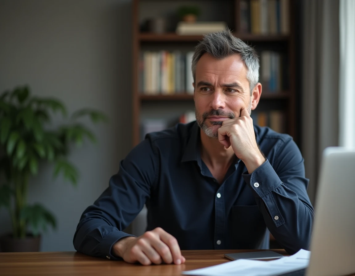 Homme analysant des avis négatifs sur un complément minceur devant son ordinateur portable à domicile