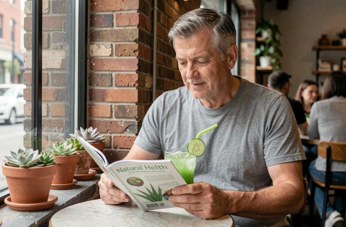 Homme en café urbain consommant une boisson à l'aloe vera pour favoriser un transit intestinal sain