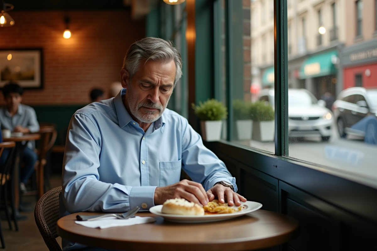 Homme d age moyen dans un café urbain pensif
