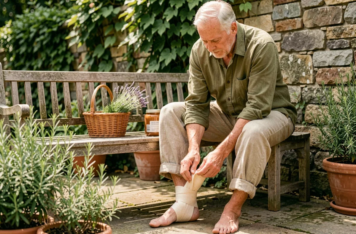 Homme âgé appliquant un cataplasme naturel sur son talon dans un jardin pour traiter l'épine calcanéenne chronique