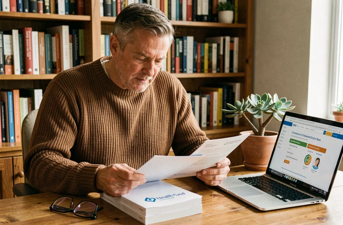 Homme à son bureau à domicile comparant les garanties de la CAMUEG et de sa mutuelle d'entreprise pour optimiser sa couverture santé