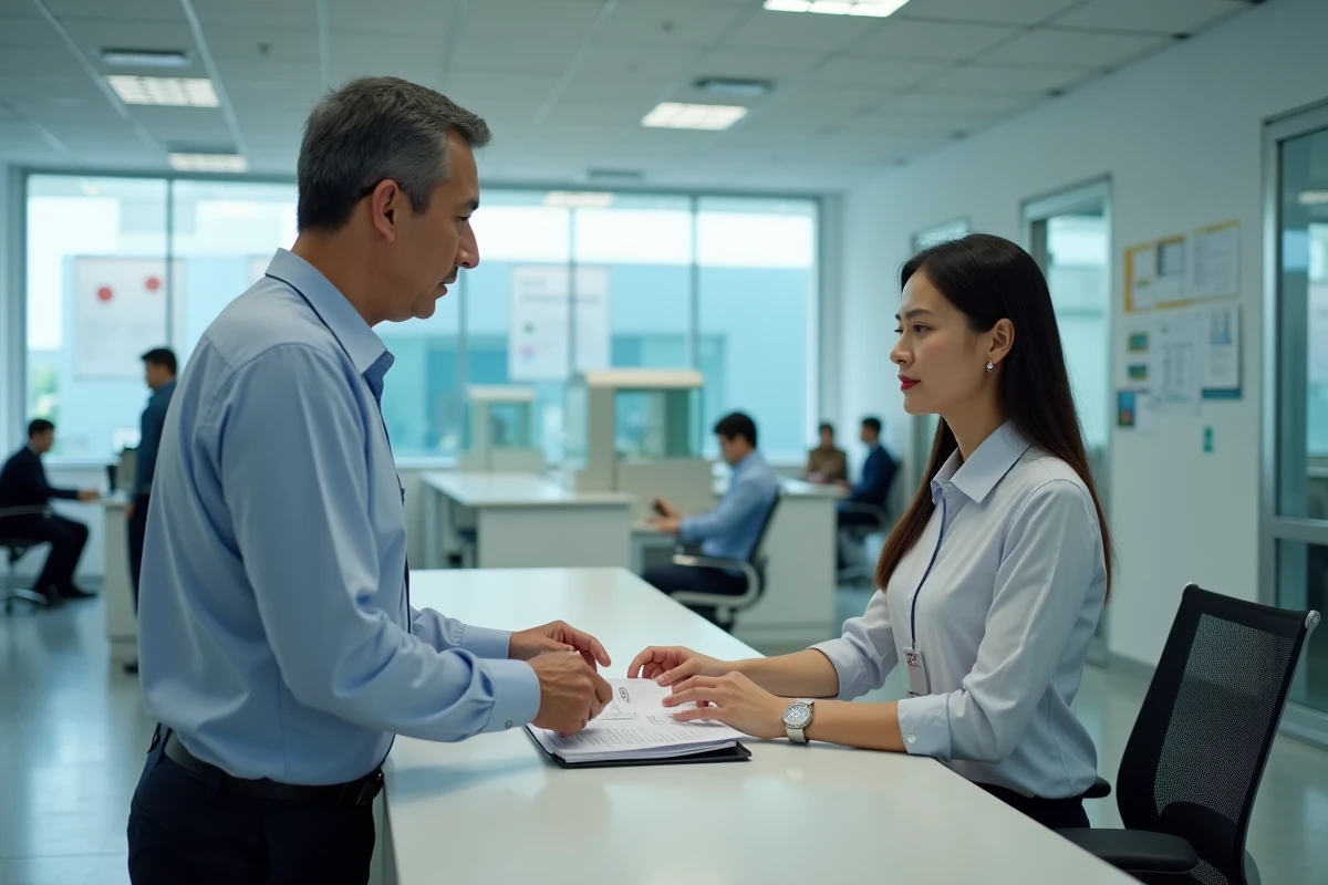 Homme remettant un dossier à une agente dans un bureau public