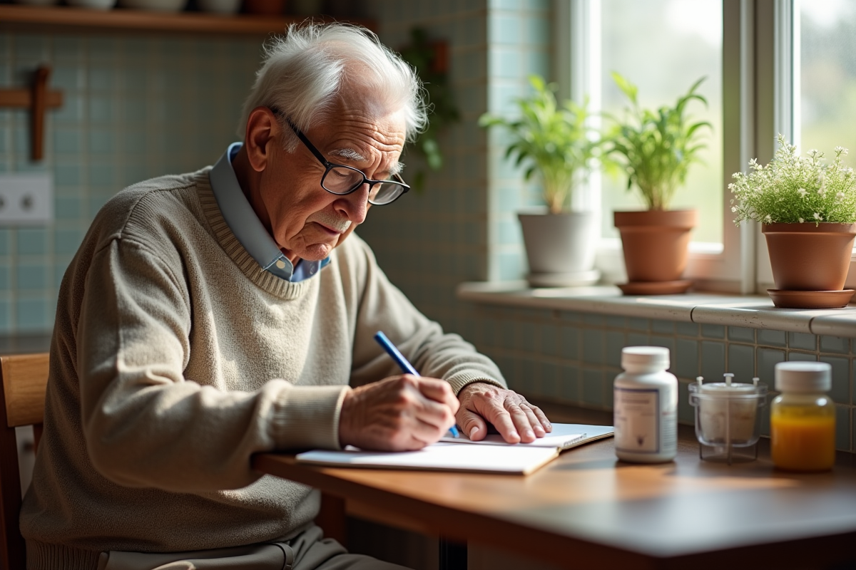 Homme âgé prenant sa température dans une cuisine ensoleillée