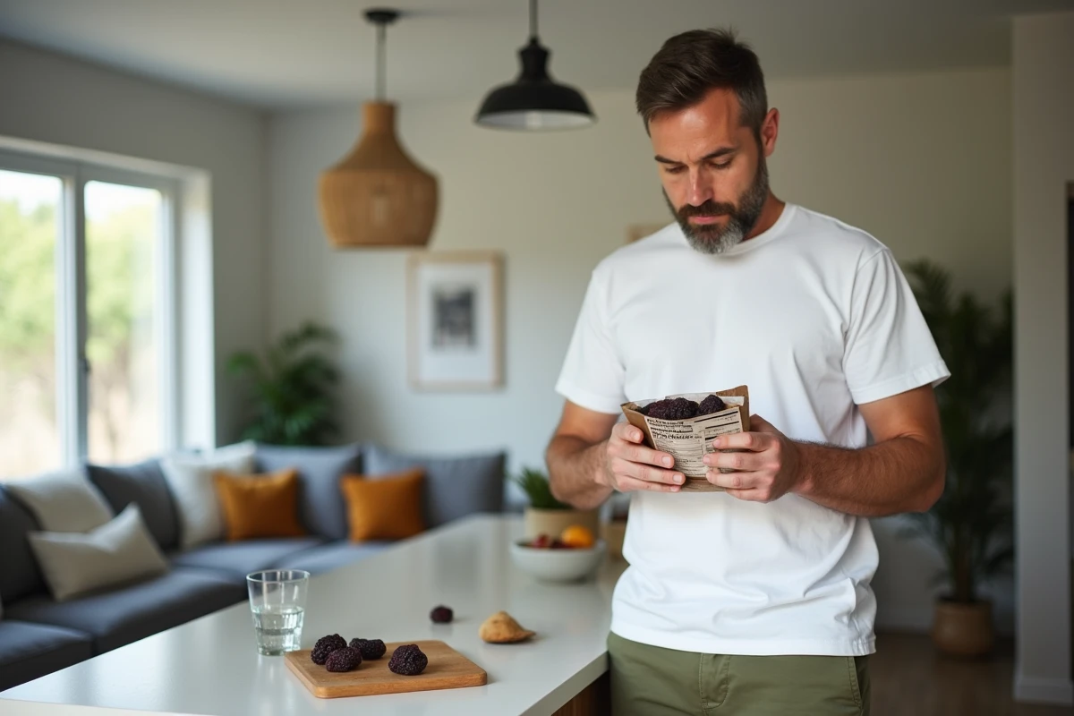 Homme lisant l'étiquette nutritionnelle d'un paquet de pruneaux dans une cuisine moderne, pour mieux gérer les ballonnements