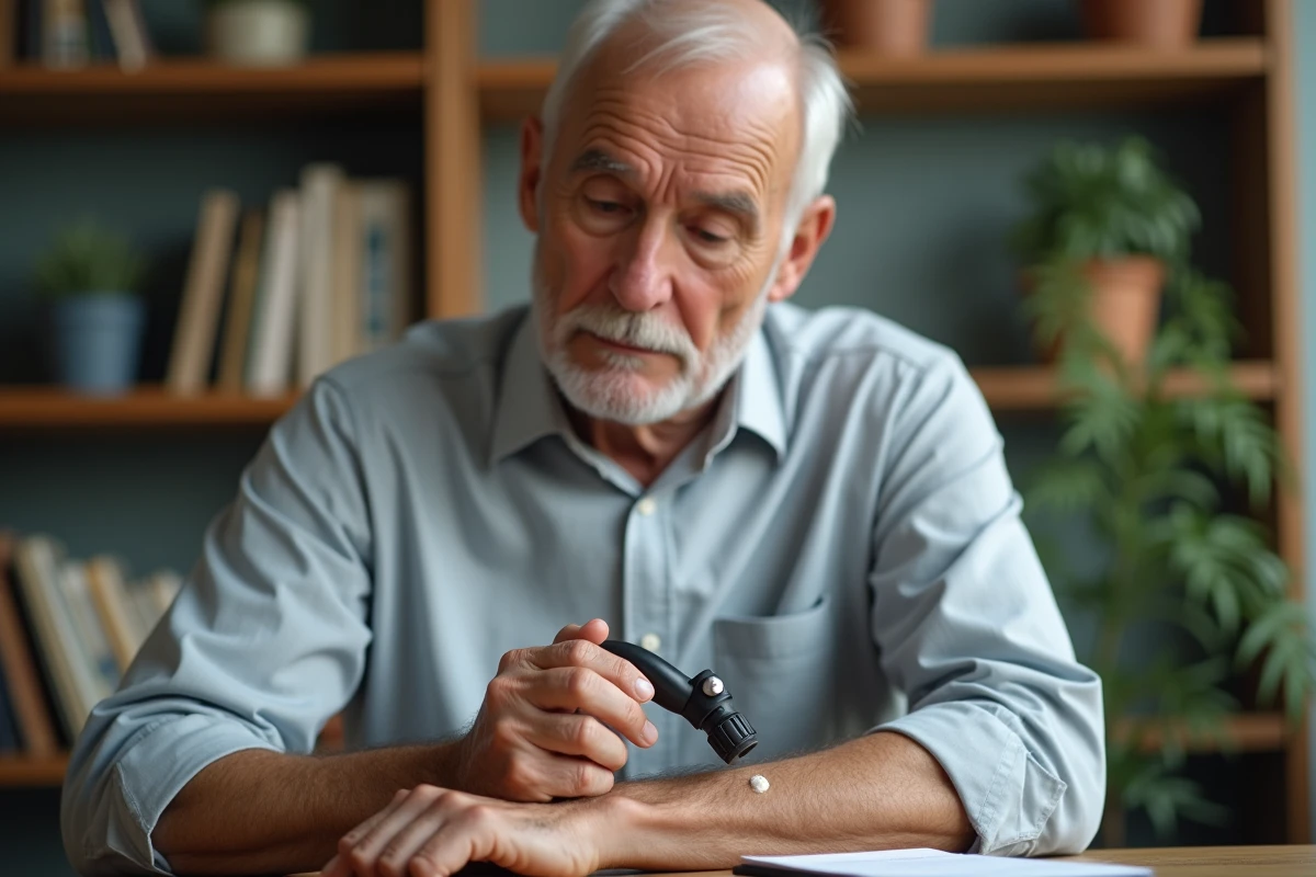 Homme de 60 ans examinant sa peau avec un dermatoscope dans un bureau