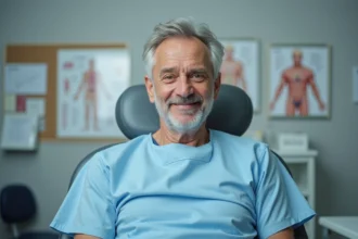 Homme d'âge moyen lors d'un examen ORL en clinique