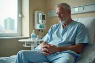 Homme d'âge moyen dans une chambre d'hôpital pensif