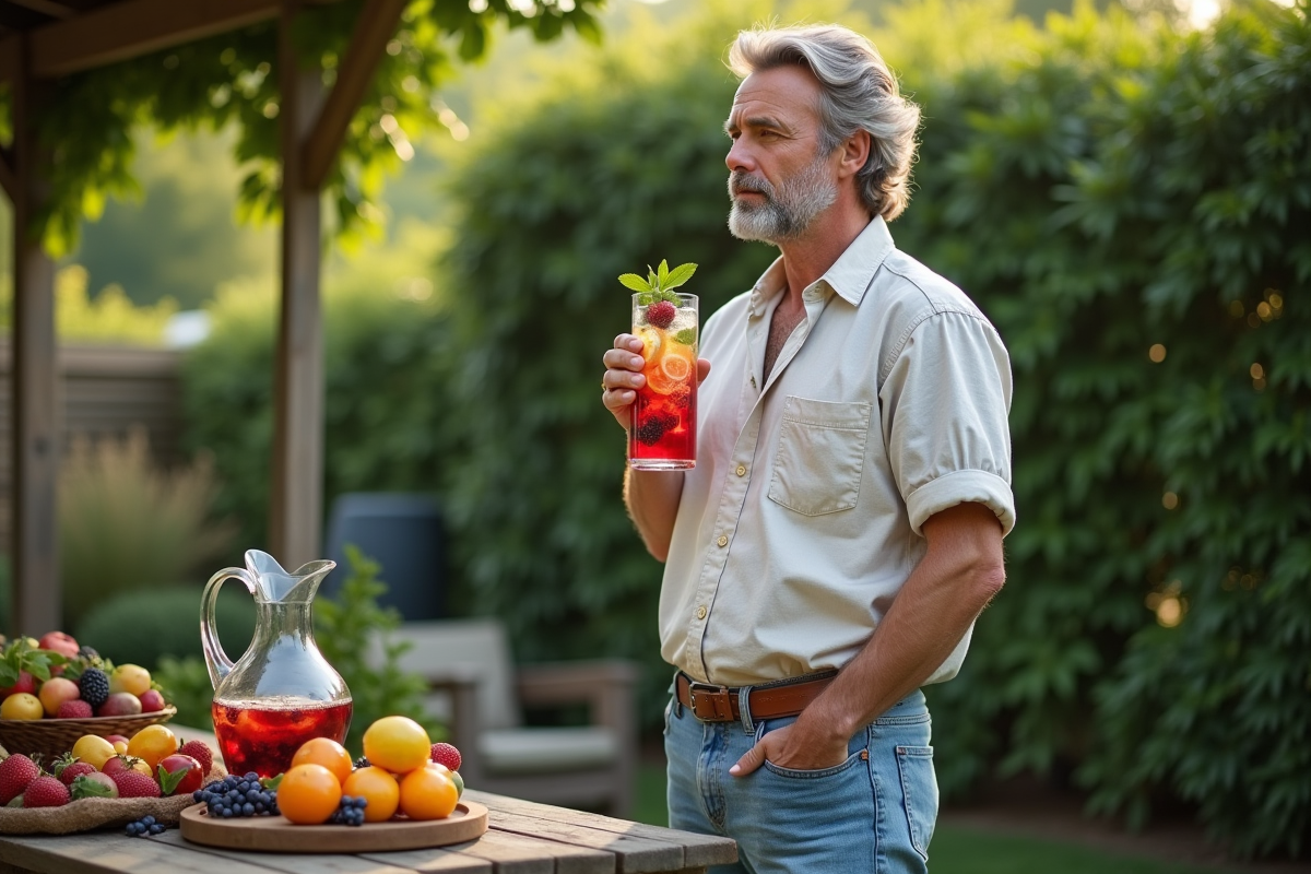 Homme dans le jardin avec eau infusee aux fruits