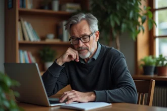 Homme d'âge moyen lisant dans un bureau à domicile