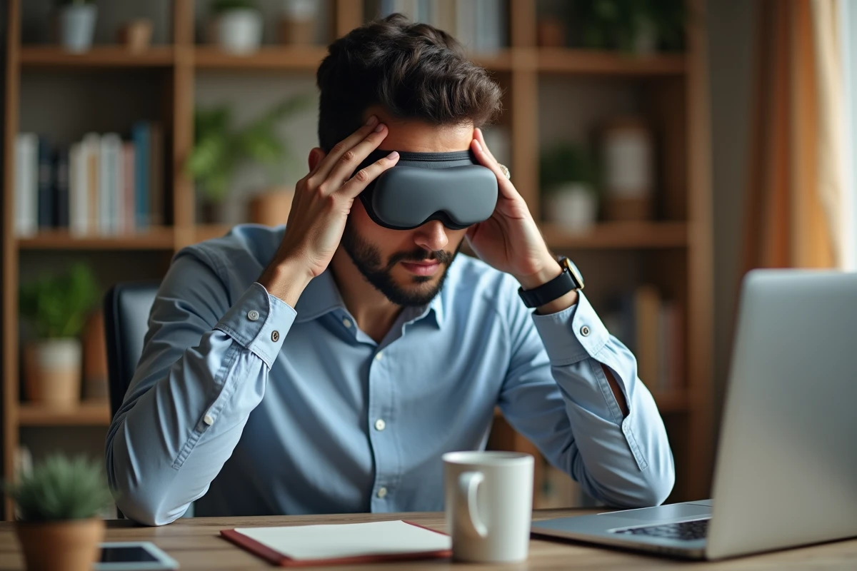 Jeune homme massant ses tempes avec masque migraine