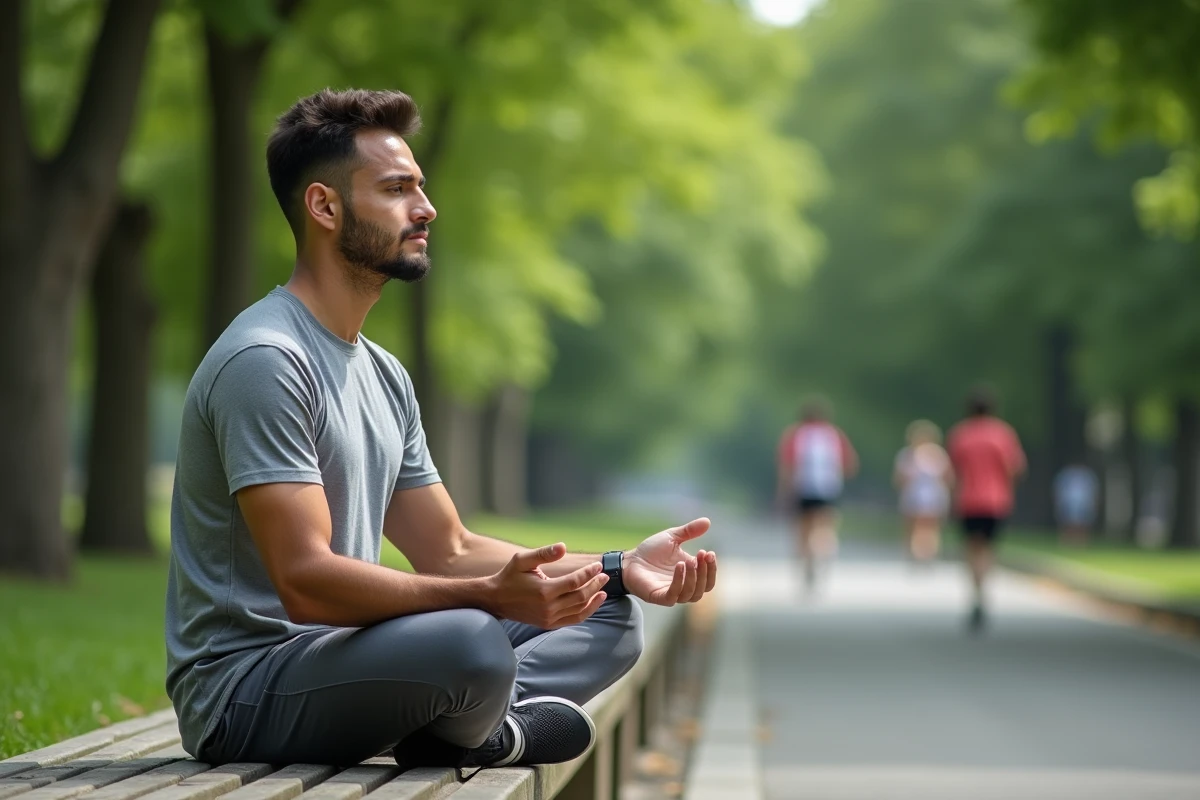 Homme méditant sur un banc dans un parc urbain